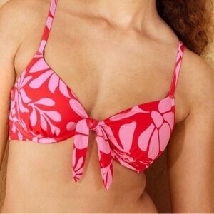 Shade & Shore Red and Pink Floral Tie-Front Bikini Top